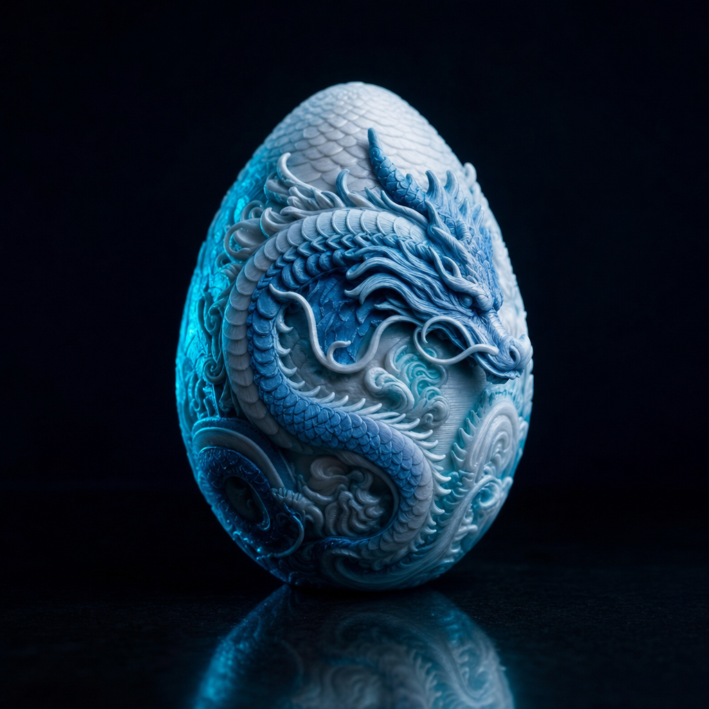 Ice dragon curled around a glowing dragon egg